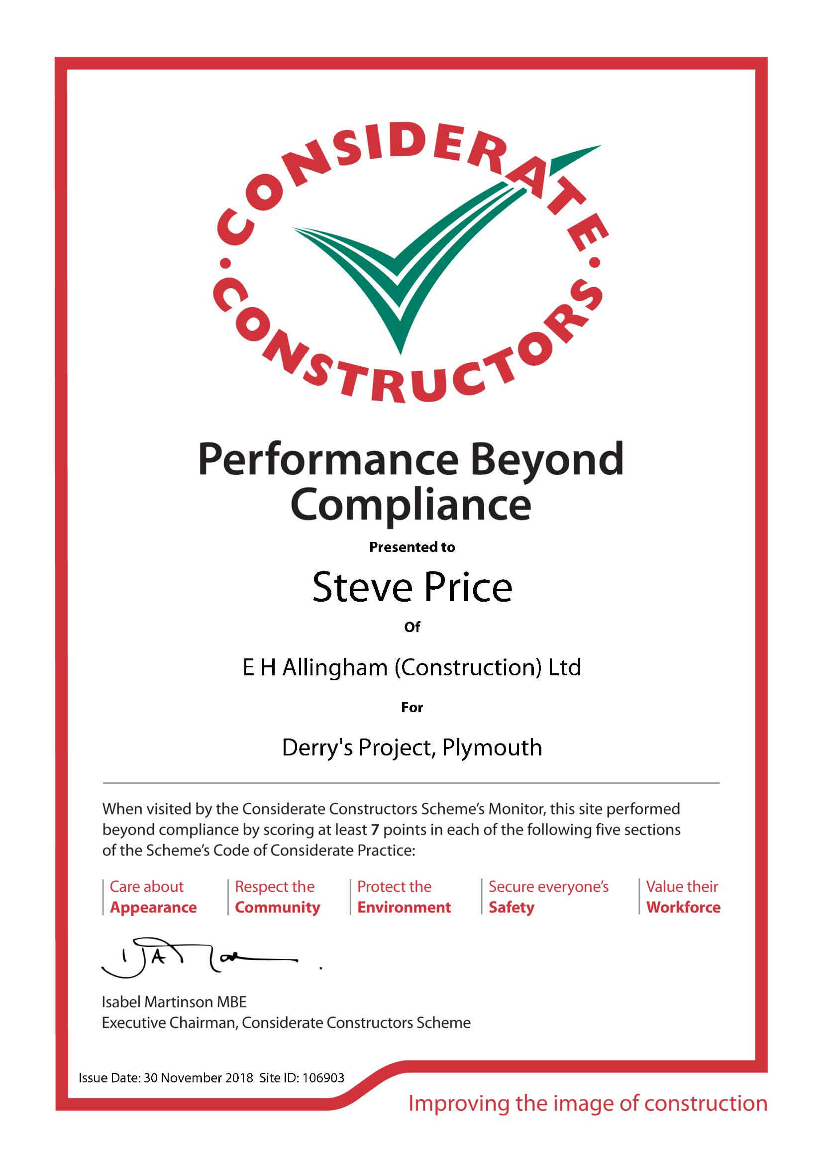 Performance Beyond Compliance Certificate 106903 - Plymouth CCS Visit